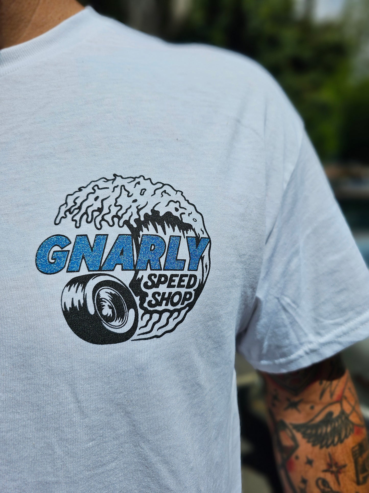 Gnarly Speed Shop Blue Glitter Logo T-Shirt