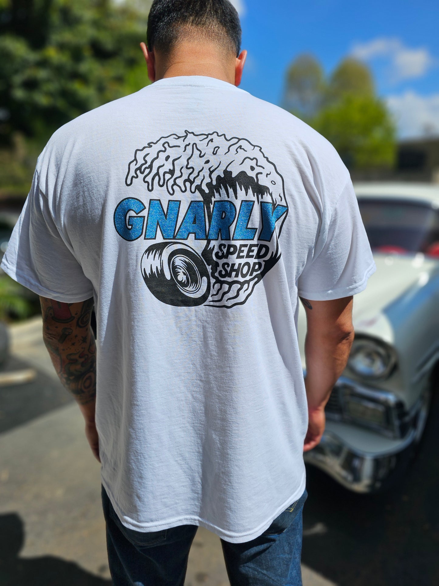 Gnarly Speed Shop Blue Glitter Logo T-Shirt